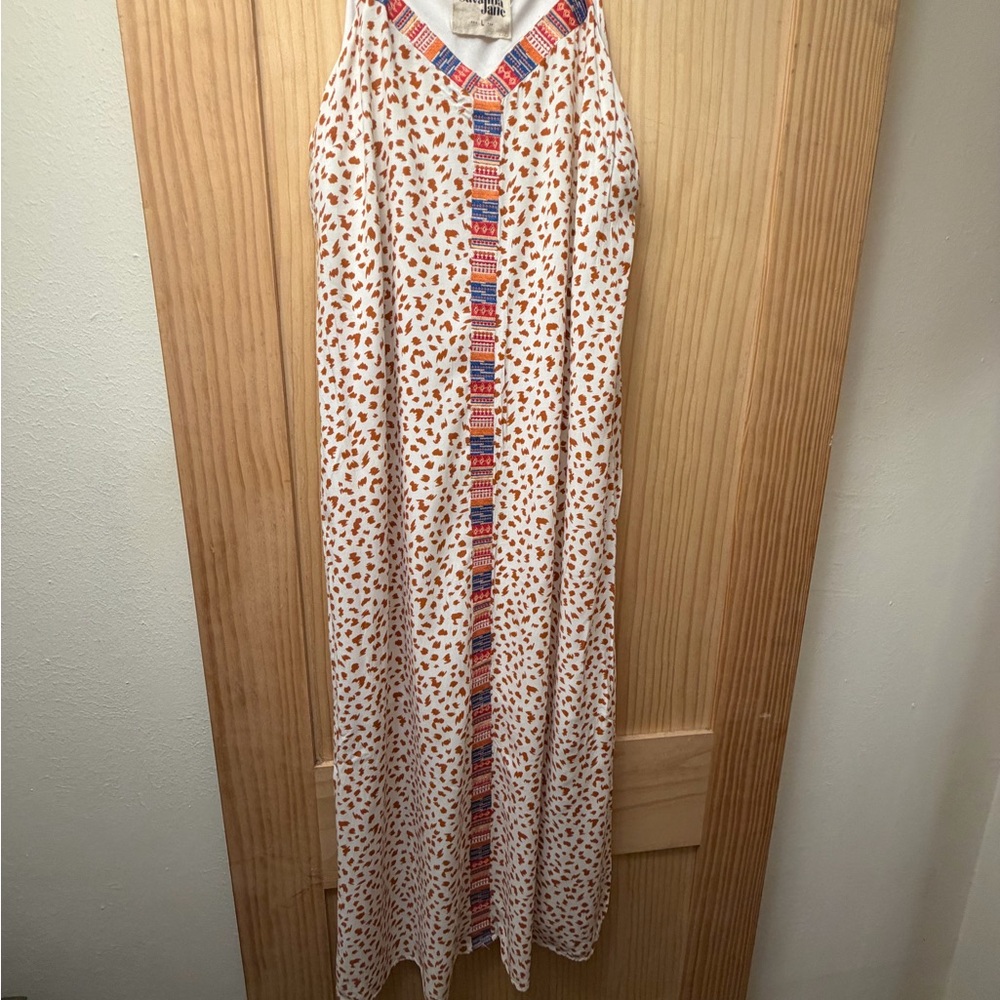 Savanna Jane White Maxi Dress with Orange Print and Multicolor Embroidered Trim